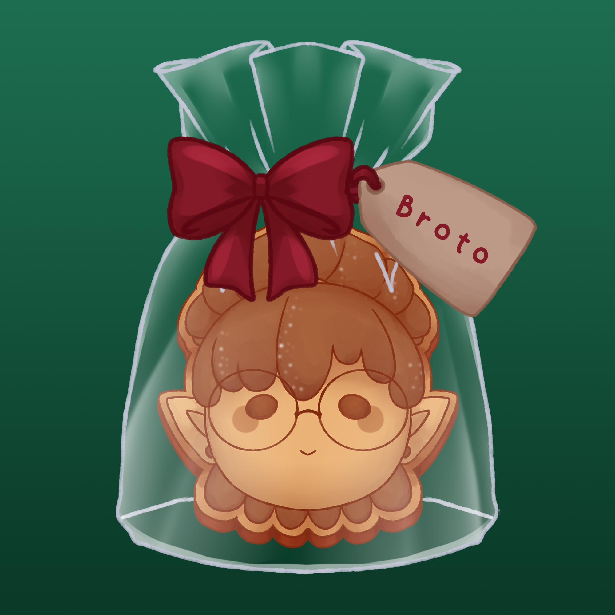 digital illustration of Broto as a christmas cookie in a bag