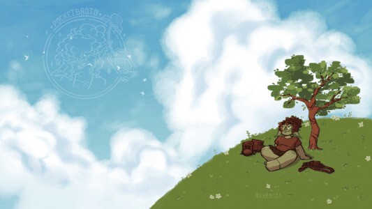 Digital illustration of Broto sitting on a hill looking at a blue sky