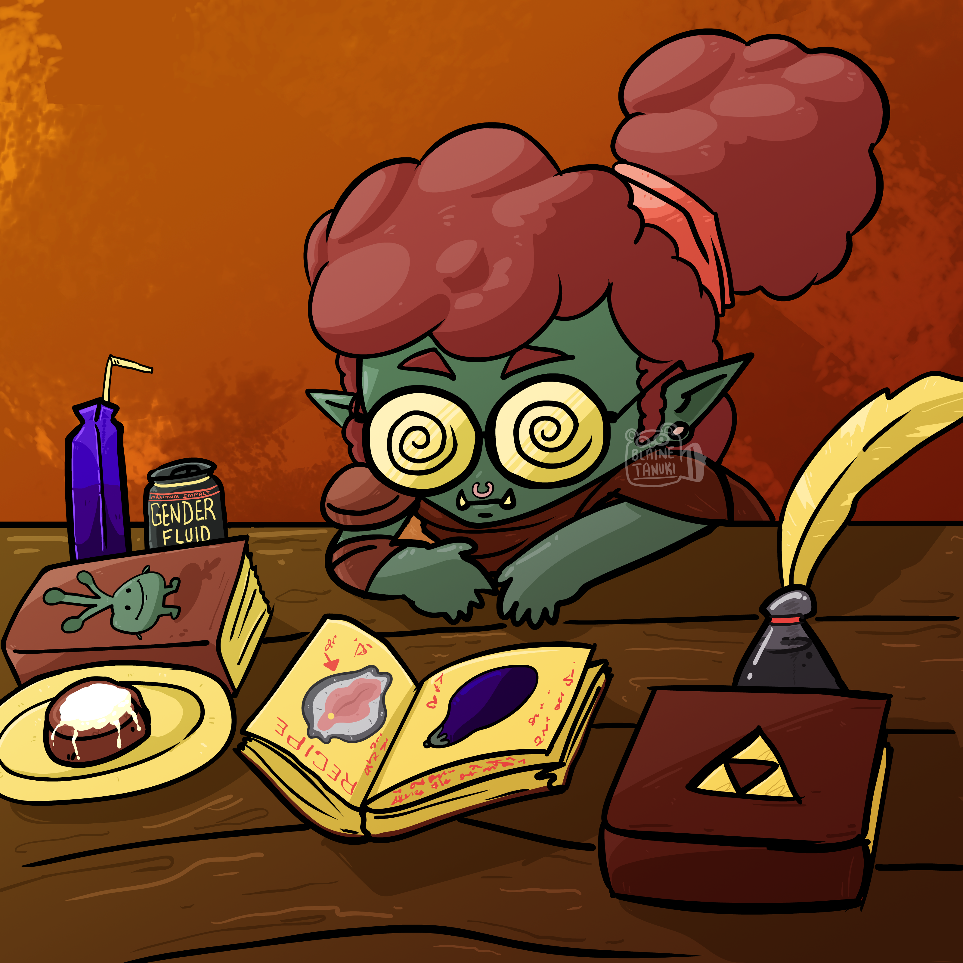 digital illustration of Broto looking at a book with oysters and eggplants very confused