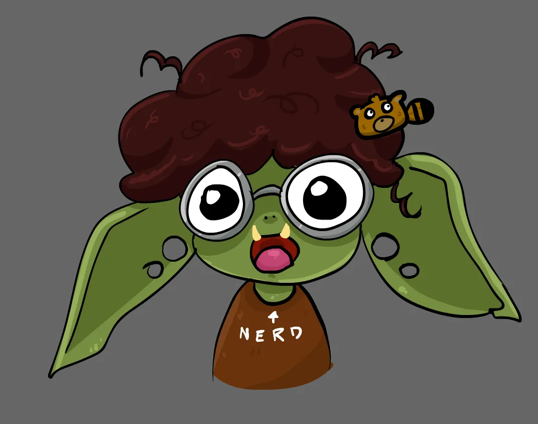 digital illustration of Broto with a tanuki hair clip and a shirt that says 'nerd'