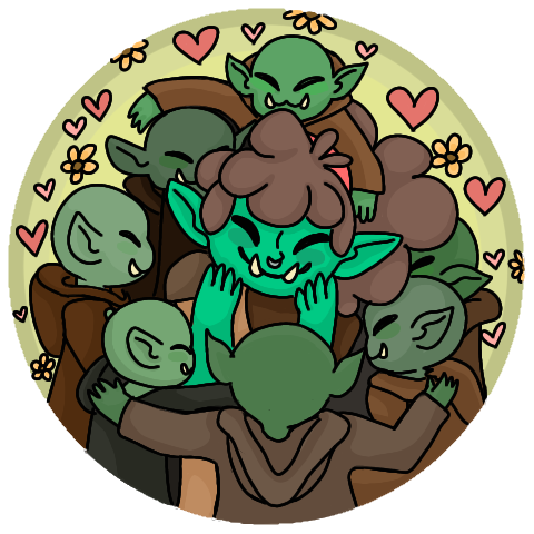 digital illustration of Broto being hugged by a bunch of oblin children