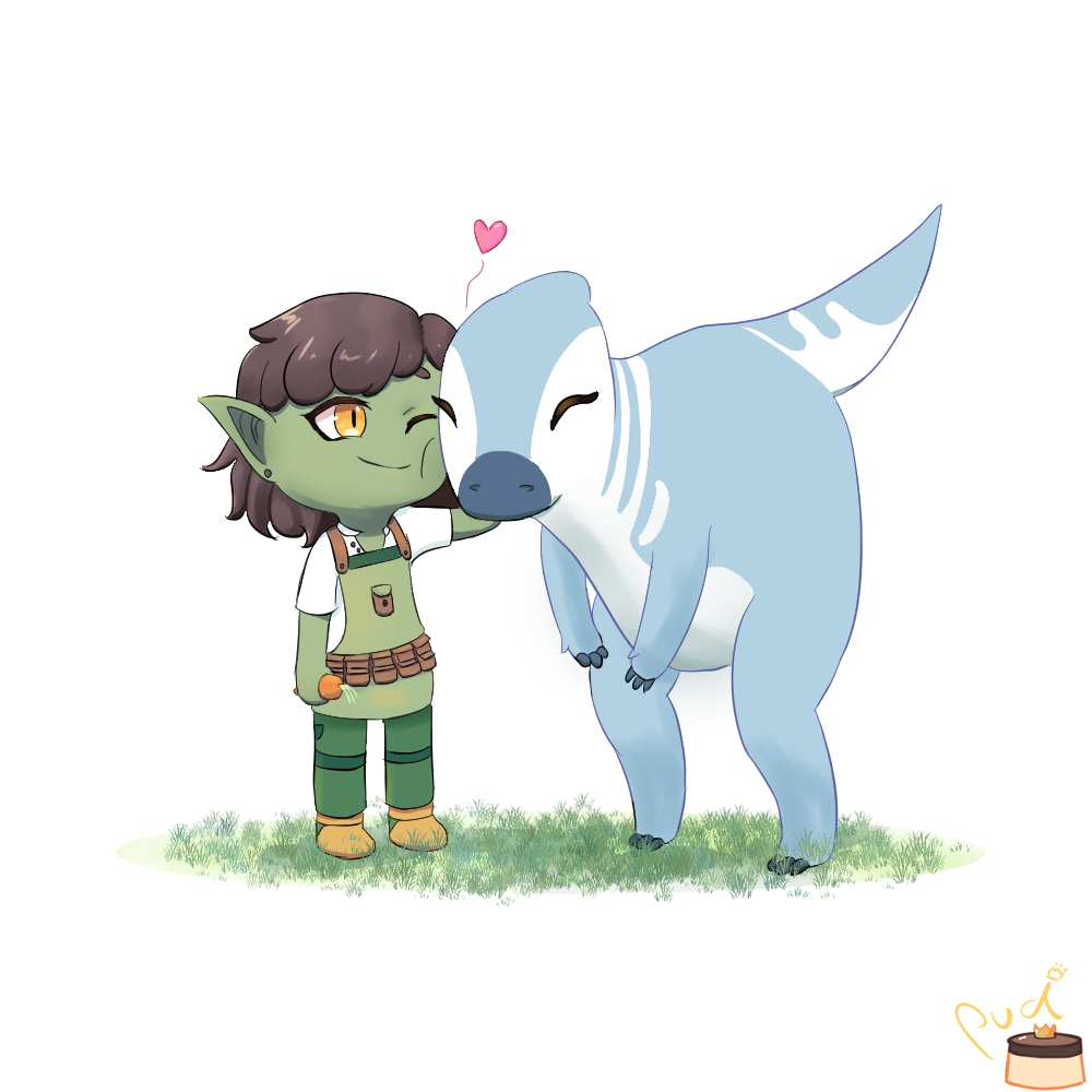 digital illustration of Broto patting a Parasaur as in Paleo Pines