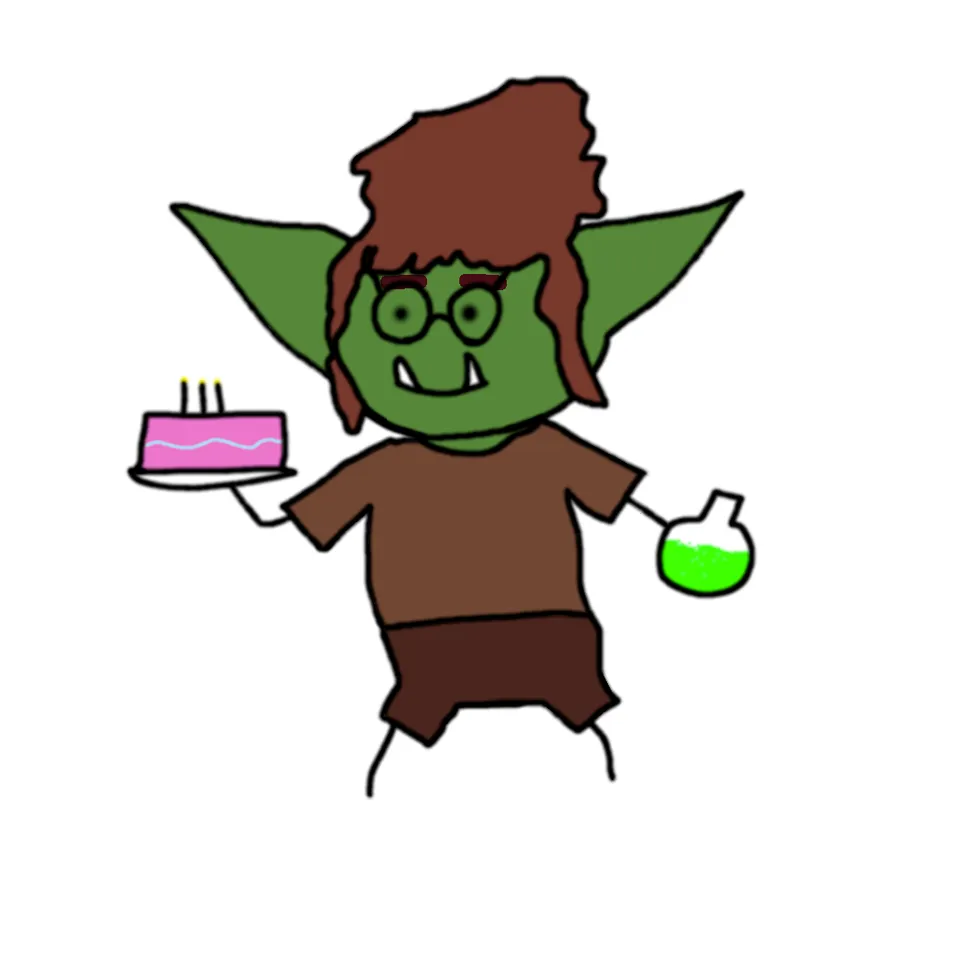 MS paint drawing of Broto holding a cake on one hand and a potion on another; it mimics the mind goblin drawing