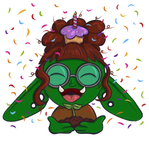 digital illustration of Broto with a cupcake on her head holding a sprout in chibi style